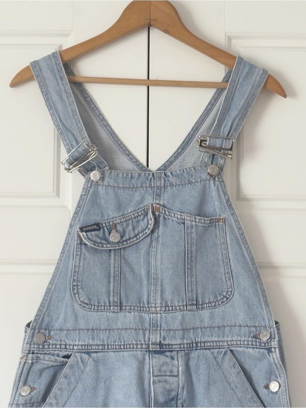 Vintage 90s Guess Denim Bib Overall Large Blue Slouchy Straight Leg Buckle Strap - Picture 4 of 16